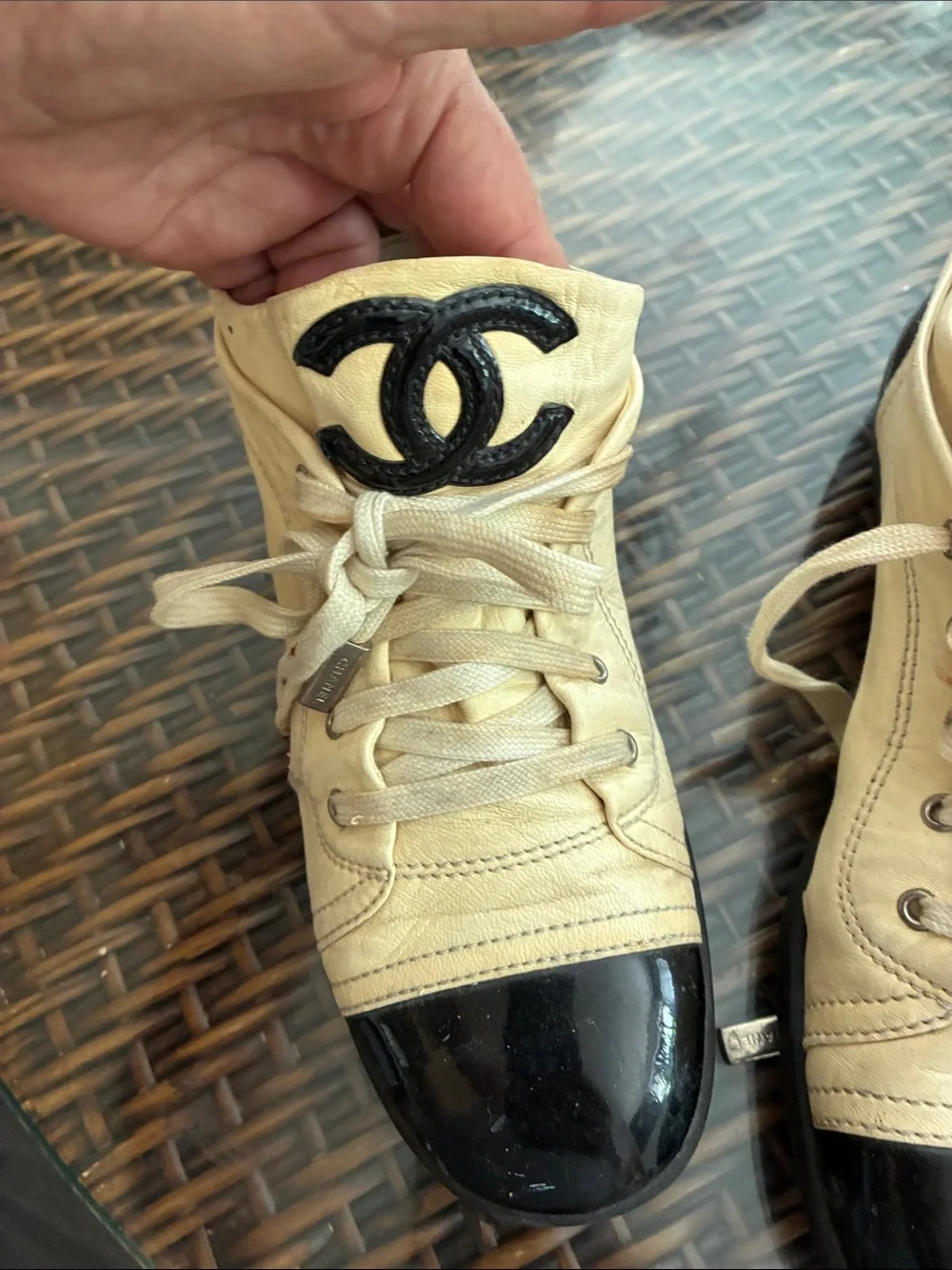 CHANEL Beige and Black Lace-Up Logo Sneakers - Picture 12 of 12